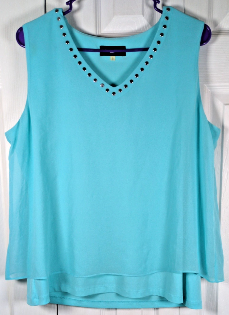 Karl Lagerfield Layered Tank Top Large Turquoise Blue Studded V-Neck Sleeveless